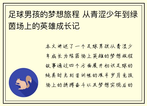 足球男孩的梦想旅程 从青涩少年到绿茵场上的英雄成长记