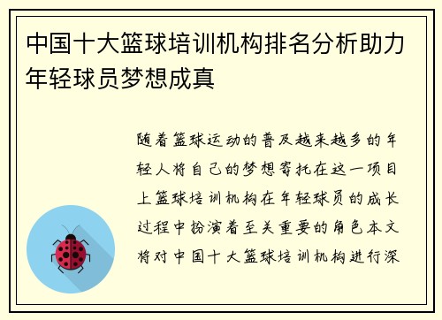 中国十大篮球培训机构排名分析助力年轻球员梦想成真
