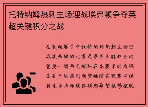 托特纳姆热刺主场迎战埃弗顿争夺英超关键积分之战